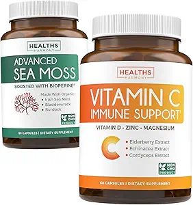 Ensemble de Vitamine C Immune Support et Irish Sea Moss - Refresh & Revive Set - Vitamine C Immune Support avec Zinc (60 Capsules de Veg) et Irish Sea Moss avec BioPerine (non-OGM et biologique) - 60 capsules
