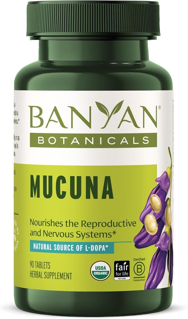 Banyan Botanicals Mucuna Pruriens – Comprimé à base de plantes organiques – Énergie, soutien des systèmes nerveux et de reproduction sains* – Source naturelle de L-Dopa – 90 comprimés – Vegan non-OGM d'origine durable