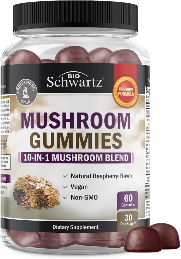 Gummies de champignons pour adultes - Supplément de champignons fonctionnels 10-en-1 pour l'humeur et le focus avec les lions Mane Turkey Tail Cordyceps Shiitake Reishi - Vegan, non-OGM, fraich Raspberry Flavor, 60 Comte