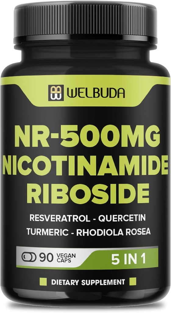 5en1+ Supplément nicotinamide riboside avec resvératrol, Quercetin, Turmeric, Rhodiola Rosea - 90 Compte pour 90 jours