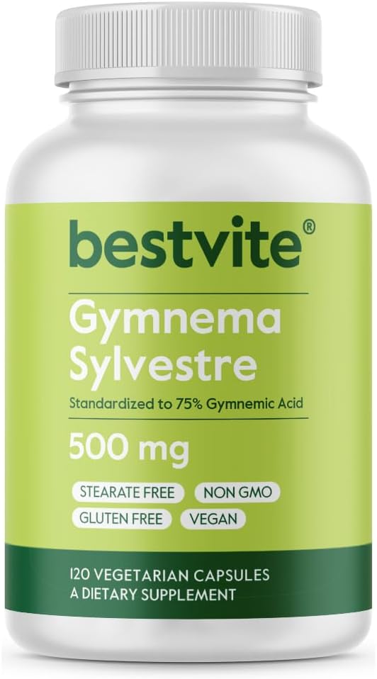 BESTVITE Gymnema Sylvestre 500mg (120 capsules végétariennes) - Standardisé à 75 % acide gymnémique - Pas de stéarate - Pas de remplissage - Pas d'agents d'écoulement - Vegan - Non OGM - Sans gluten