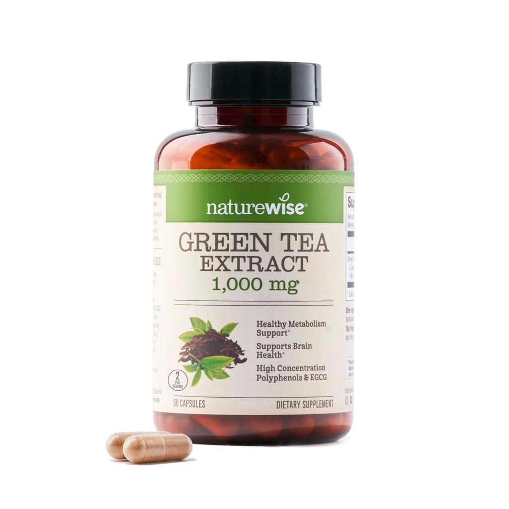 NatureWise Green Tea Extract Capsules 1000 mg - 50% EGCG & 98% Polyphénols - Extra Strength Green Tea Pills - Antioxydants pour la santé cardiaque et l'énergie - Vegan, Non-OGM - 60 Compte[30 jours]