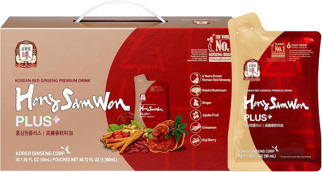 HongSamWon Plus Korean Red Ginseng Premium Drink | Energy Drink, Pre Workout, Herbal Tea | Korean Red Ginseng Extract 360mg, Reishi Mushroom, Ginger, Cinnamon, Gojiberry | Vegan Friendly | 30 Count