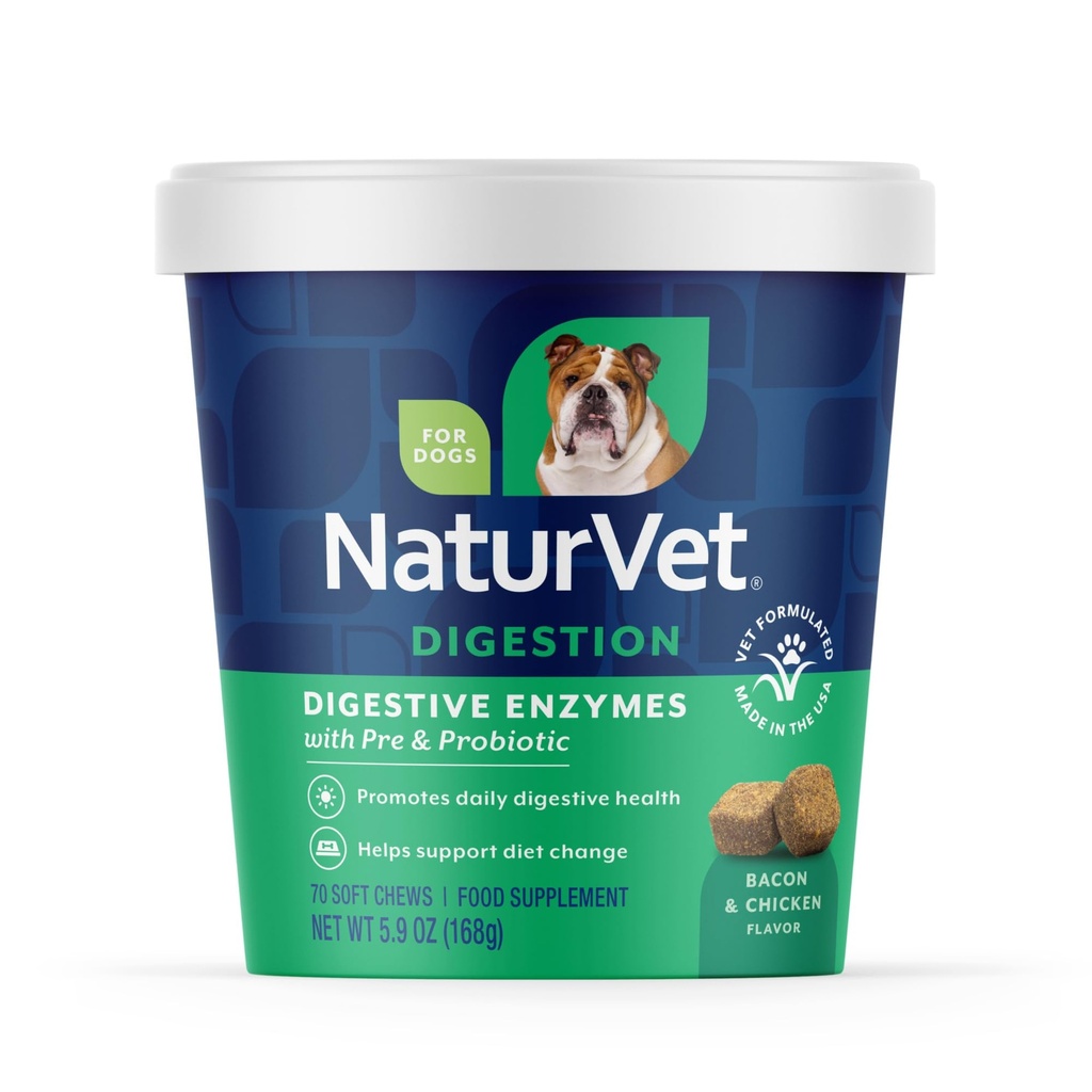 NaturVet Digestive Enzymes with Pre & Probiotic Dog Supplement - 70 Count | Promotes Daily Digestive Health & Supports Diet Changes, Soft Chews