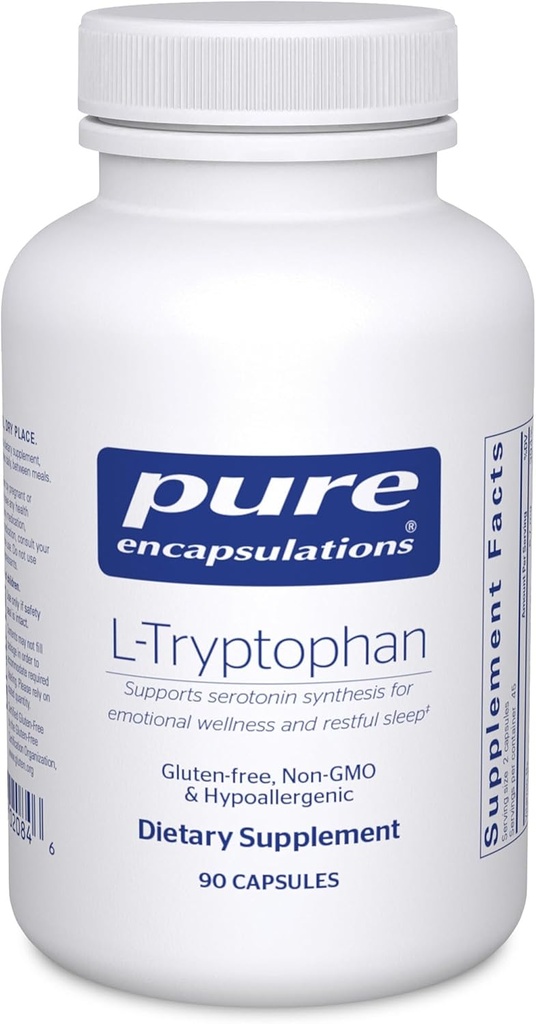 Encapsulations pures L-Tryptophane , Supplément Amino Acid pour la relaxation, le soutien de la sérotonine, le SPM et le sommeil* , 90 Capsules