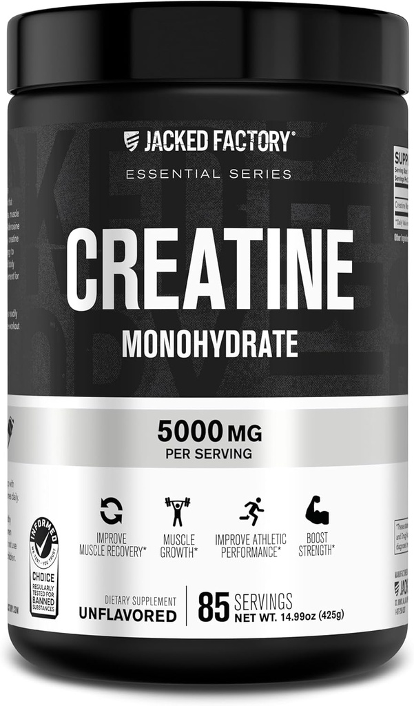 Jacked Factory Creatine Monohydrate Powder 425g - 5g Daily Creatine Supplement for Men and Women, Vegan-Friendly, Third-Party Tested - 85 Servings, Unflavored