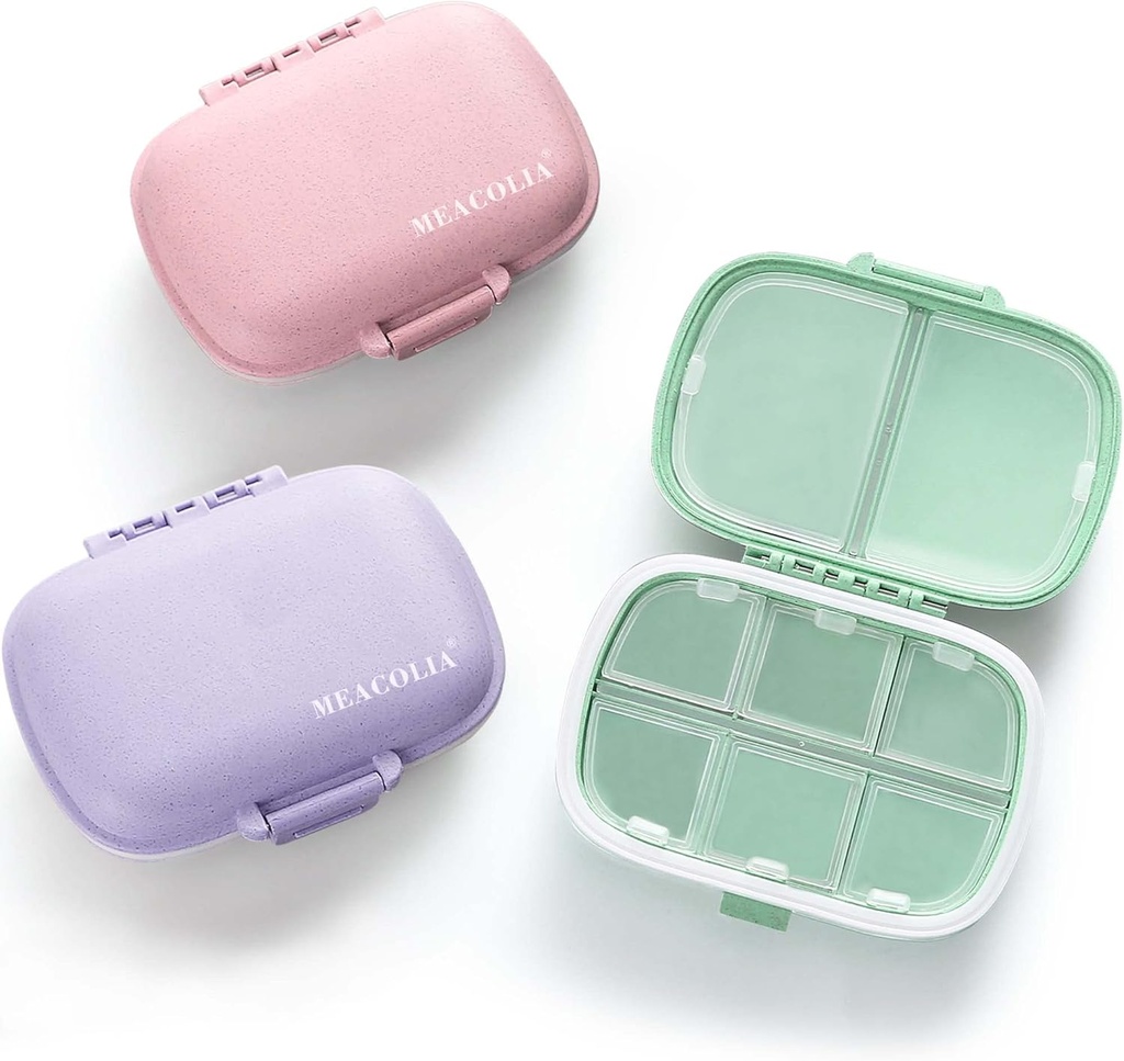 MEACOLIA 3 Pack 8 Compartiments Organisateur de pilules de voyage, Daily Pill Case Petite boîte à pilules pour la purée de poche, Portable Pill Container Medicine Organisateur de vitamines (Purple, Vert, Rose)