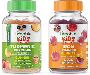Lifeable Turmeric Curcumin Kids + Iron & Vitamin C Kids, Gummies Bundle - Great Tasting, Vitamin Supplement, Gluten Free, GMO Free, Chewable Gummy