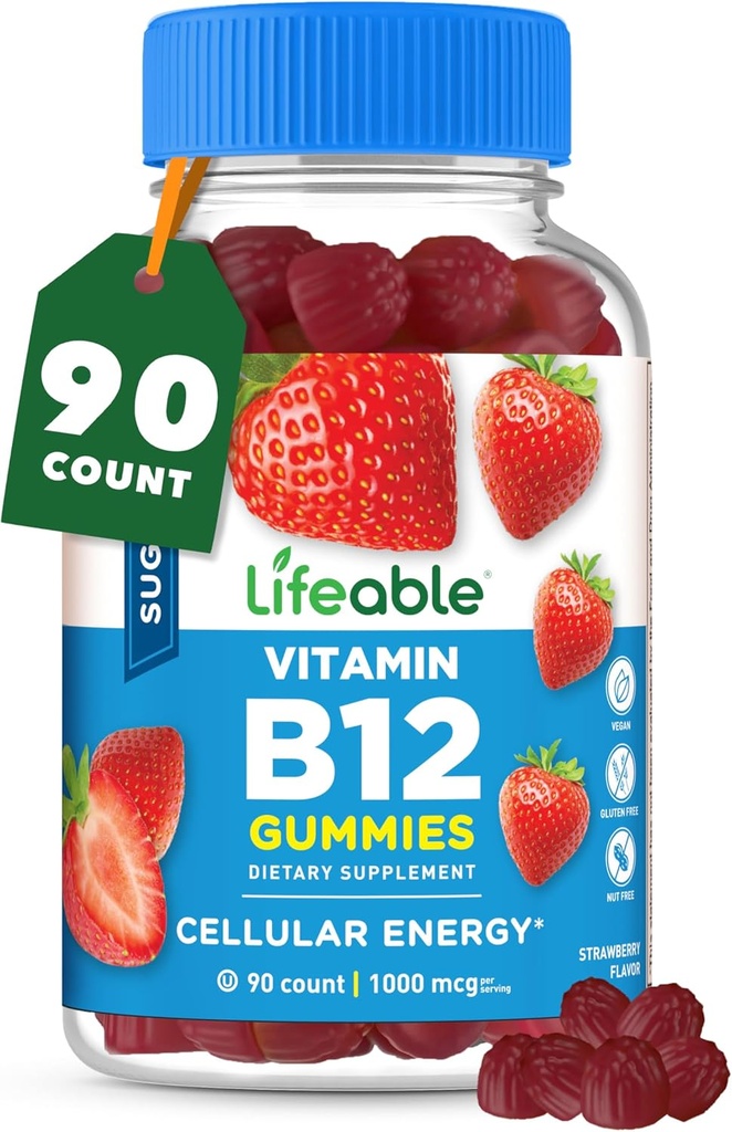 Vitamine B12 sans sucre biologique Gommies de 1000 mcg. Grande dégustation de Vitamines B12 Gommies d'énergie, d'humeur et de métabolisme Soutien B 12 Gommies de vitamines pour les hommes, les femmes, les adultes