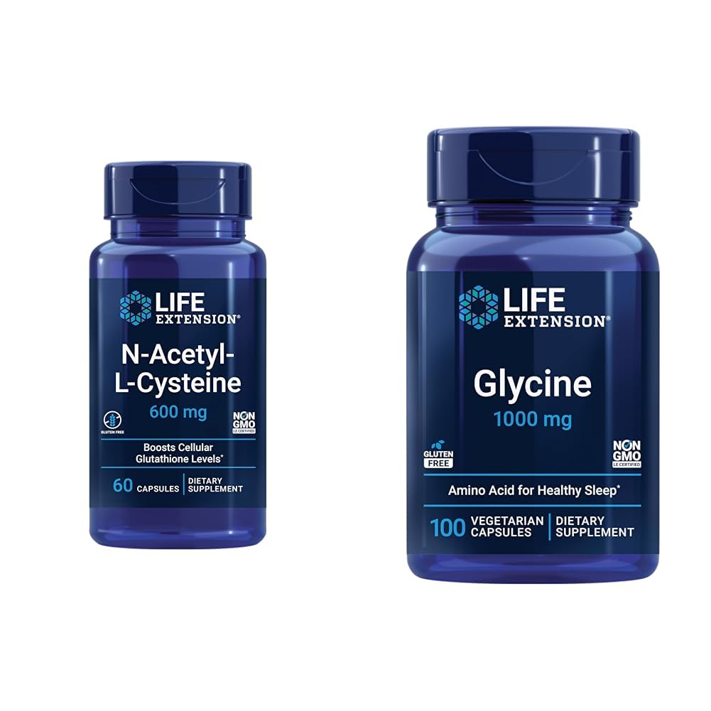 Extension de vie N-acétyl-L-Cysteine (NAC) et Glycine 1000 mg, favorise la relaxation, sommeil sain, acide aminé, sans gluten, non-OGM, végétarien, 100 capsules