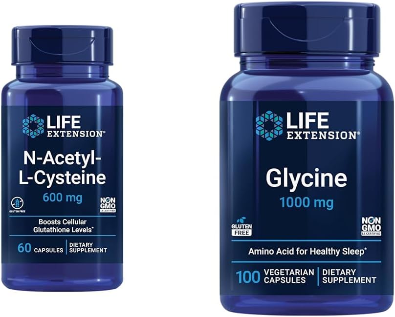 Prolongation de vie N-acétyl-L-Cysteine (NAC) et Glycine 1000 mg, favorise la relaxation, sommeil sain, acide aminé, sans gluten, non-OGM, végétarien, 100 capsules