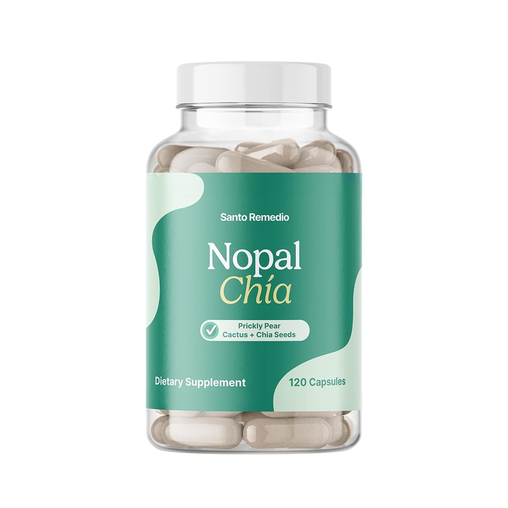 Santo Remedio Nopal Chia, Prickly Pear Cactus and Chia poudre complément alimentaire, ingrédients cliniquement prouvés, sans gluten, sans OGM, sans sucre ajouté, 120 capsules, 60 portions par contenant