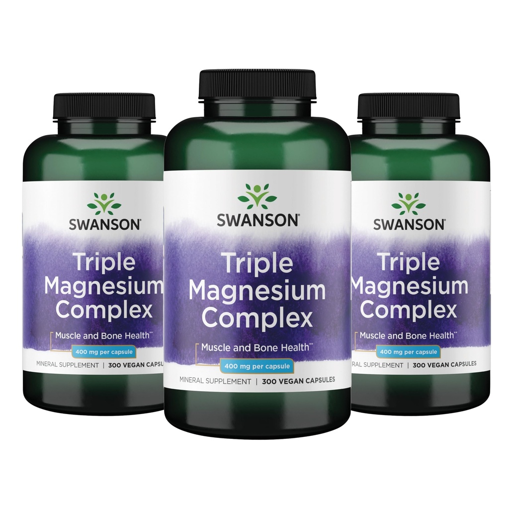 Complexe Swanson Triple Magnésium - Supplément Minéral - Support Naturel - Avec Citrate, Oxyde et Aspartate - (300 Capsules, 400mg chacune, 3 Pack)