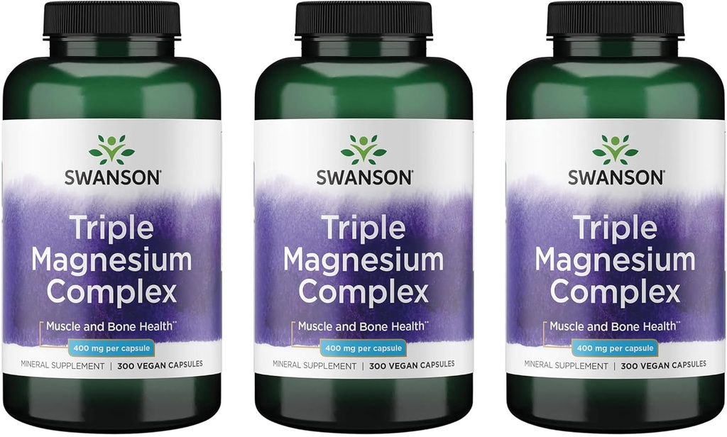 Complexe Swanson Triple Magnésium - Supplément Minéral - Support Naturel - Avec Citrate, Oxyde et Aspartate - (300 Capsules, 400mg chacune, 3 Pack)