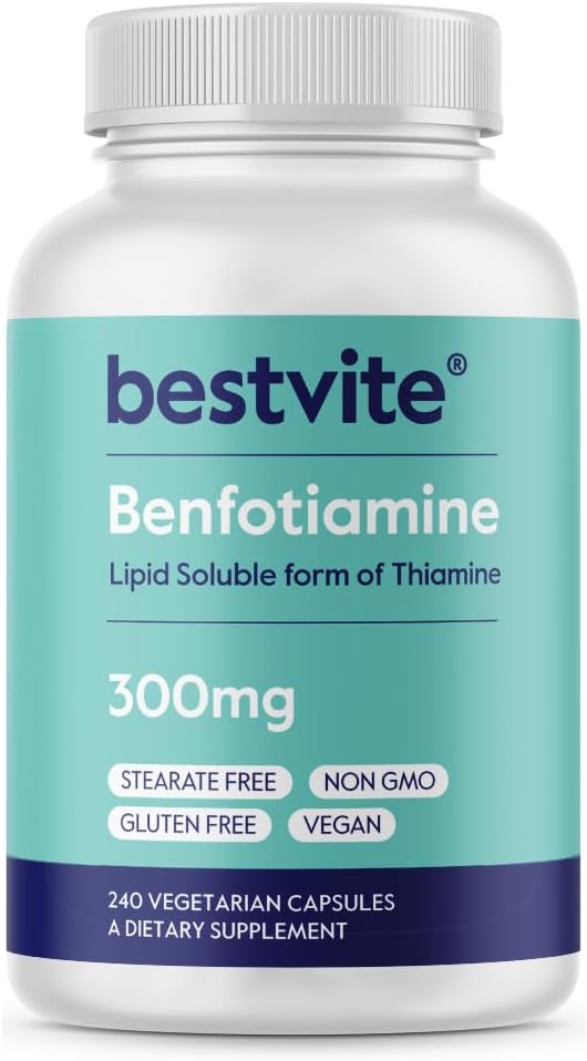 BESTVITE Benfotiamine 300mg (240 Capsules végétariennes) Pas de stéarate - Pas de dioxyde de silicium - Vegan - Non OGM - Sans gluten