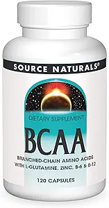 Source Naturals BCAA Acides aminés à chaîne ramifiée avec L-Glutamine, Zinc, B-6 et B-12, apporte un soutien aux systèmes musculaires du corps* - 120 capsules