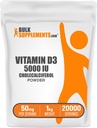 BulkSupplements.com Poudre de vitamine D3 - Cholecalciferol, suppléments de vitamine D, vitamine D3 5000 UI - sans gluten, 50mg (125mcg de vitamine D3) par portion, 5kg (11 lbs) (paquet de 5)
