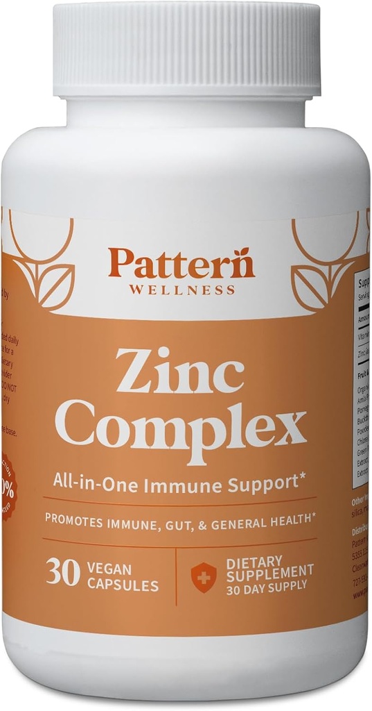 Pattern Wellness Zinc Complex Supplement - High Absorption Zinc with Vitamin C + Probiotics - All-in-One Immune Support - 3rd Party Lab Tested - 30 Vegan Capsules