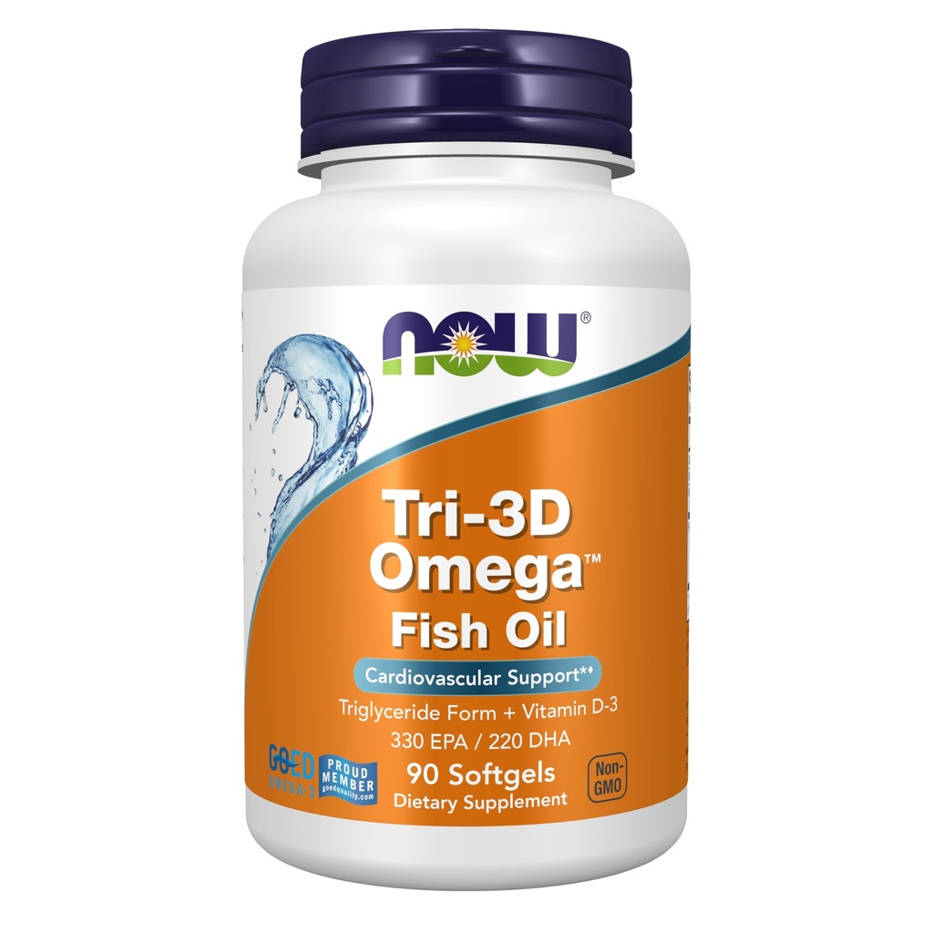 MAINTENANT compléments alimentaires, Tri-3D OmegaTM, Triglycéride Forme de l'huile de poisson Omega-3 + vitamine D-3, Distillé moléculairement, 90 softgels