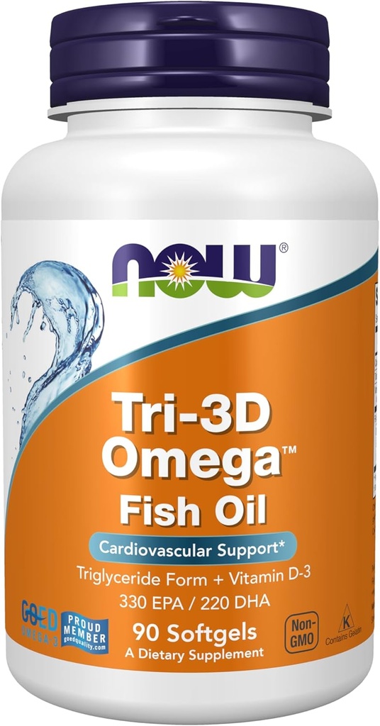 NOW Foods Supplements, Tri-3D Omega™, Triglyceride Form of Omega-3 Fish Oil + Vitamin D-3, Molecularly Distilled, 90 Softgels
