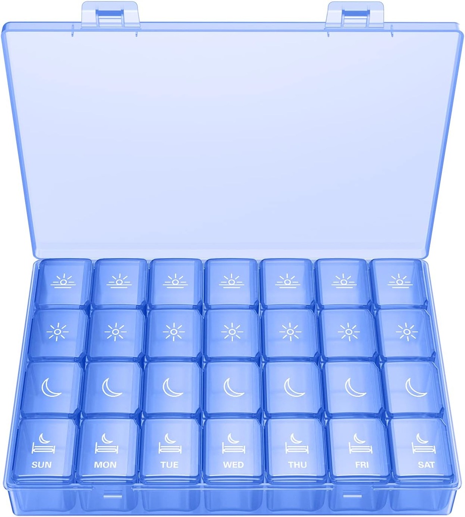 XL Pill Organizer 4 fois par jour, BUG HULL Extra Large Weekly Pill Box Case, 7 jours Conteneur de vitamines Pill Holder quotidien pour l'huile de cuivre, vitamines, suppléments (Royal Blue)