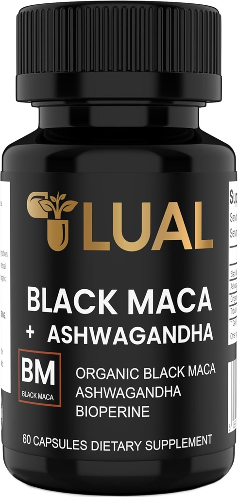 LUAL 30 000mg 30x Récipient maca noir biologique avec ashwagandha - Meilleure puissance Capsules de racine maca noir pour hommes - 100% pur maca Pérouana poudre biologique, gélatinisée, non-OGM - 60 pilules
