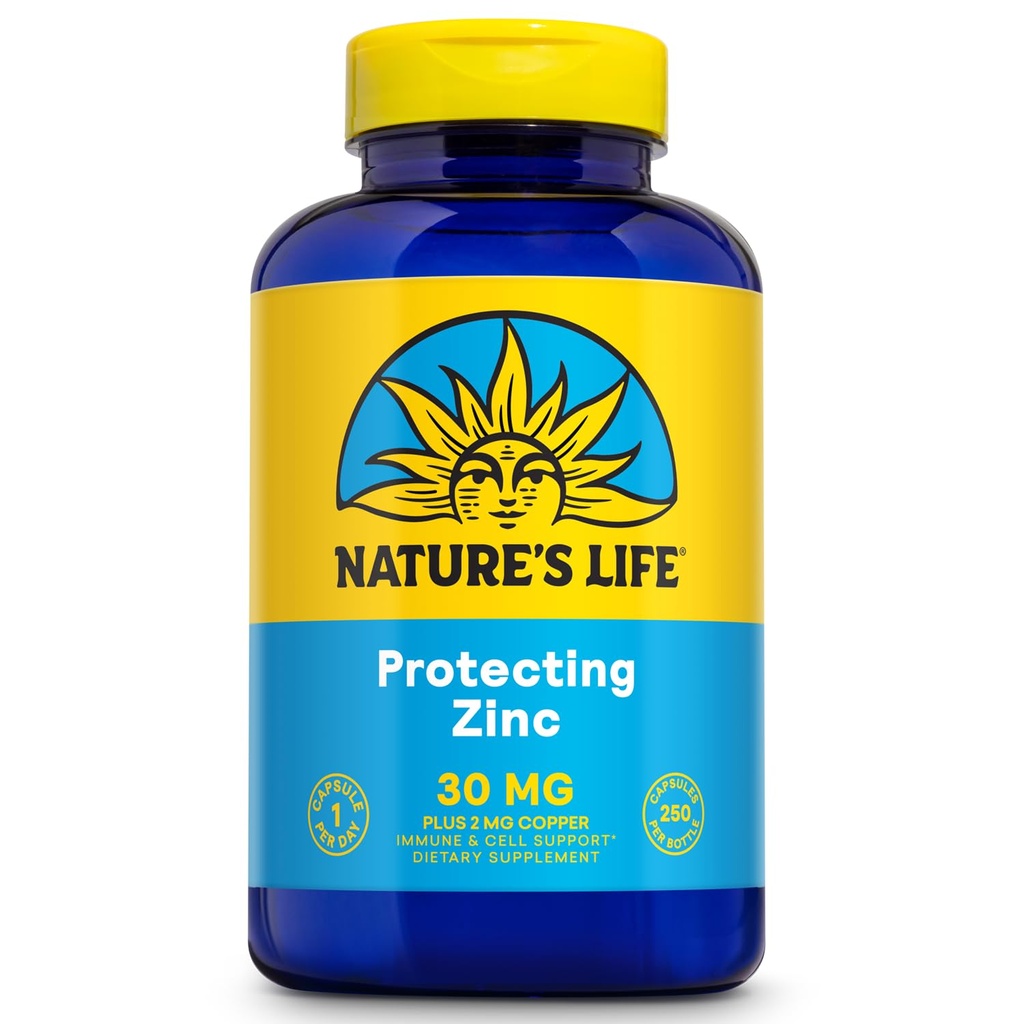 Nature's Life Picolinate de zinc 30mg Plus 2mg de cuivre - Supplément de zinc chélaté pour le soutien immunitaire, cardiovasculaire, cutané, cellulaire et musculaire - Garantie de 60 jours - 250 portions, 250 capsules