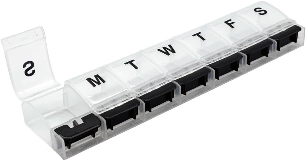 EZY DOSE Weekly (7-Day) AM/PM Daily Pill Organizer, Vitamine Case, et le contenant de médecine, X-Grands Compartiments, Arthrite amical, pratique et facile à utiliser, clair/noir, Design May Varier, BPA Free