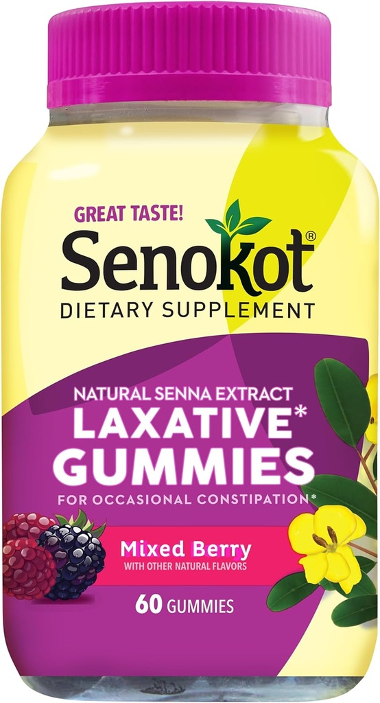 Supplément alimentaire Senokot Gommies laxatives, Extrait de Senna naturel, Gentil, Soulagement de nuit de Constipation occasionnelle, Flaveur de baie mixte, 60 comte.