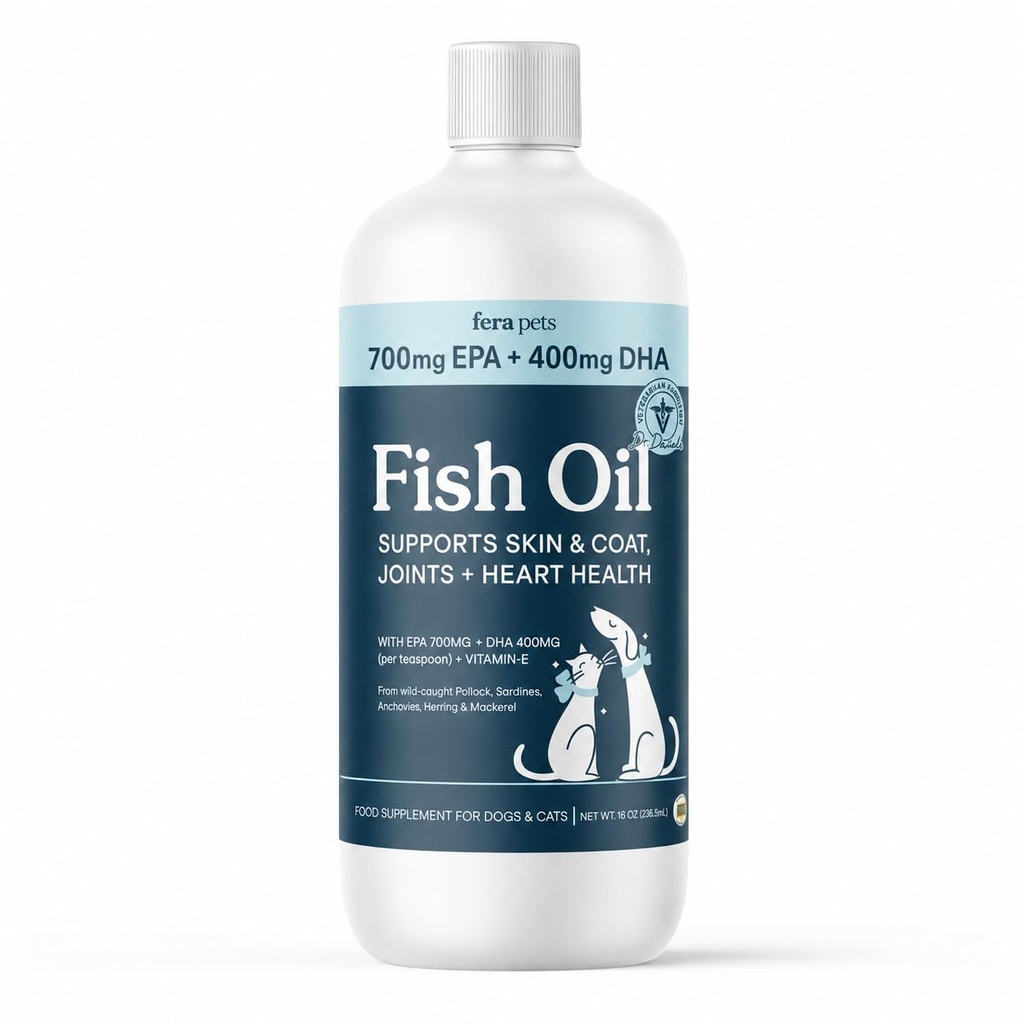 Huile de poisson pour animaux de compagnie de Fera - Oméga 3 pour chiens et chats pour soutenir la santé des articulations, du coeur, de la peau et du manteau - non OGM avec vitamine E - 16 oz