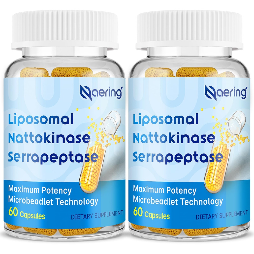 Liposomale Nattokinase 12 000 FU Serrapeptase 360 000 Supplément enzymatique SPU - enrichi d'enzymes synergiques et de mélanges nutritifs et d'inuline pour les capsules circulatoires, Gut, Digestion 60 (2 flacon)