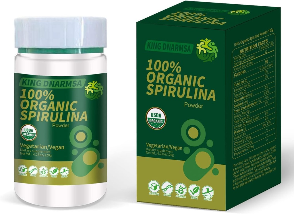 Certifié 100% de poudre de Spiruline biologique 4.23oz/120g Riche en Riche en Beta-Carotène (Vitamine A) et B-12 avec GLA, Vega Non-GMO-Superfood