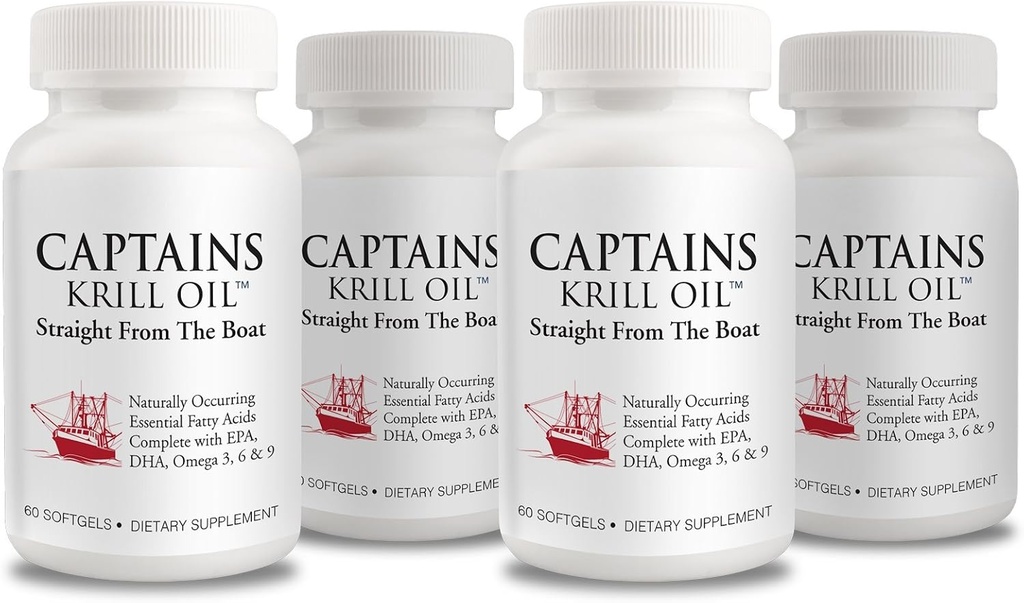 Captains Pure Antarctique Krill Oil Softgels EPA, DHA avec l'Astaxanthin et les Phospholipides, sans additifs ou produits chimiques 1000mg par portion, 60 Capsules, 4-pack