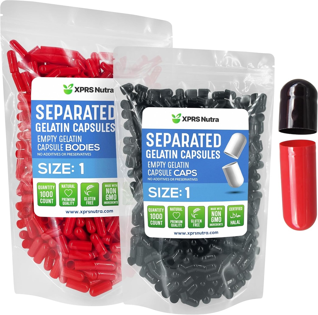 XPRS Nutra Taille 1 Capsules séparées par la gélatine - 1000 Capsules vides de comptage séparées dans les sacs - pilules vides pour le remplissage de supplément de bricolage (noir/rouge)