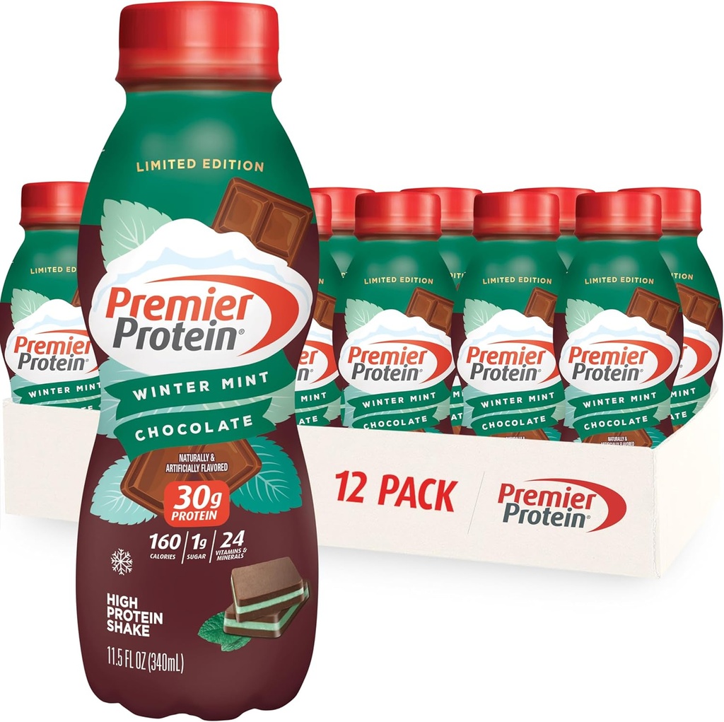 Premier Protein Shake, Édition limitée Chocolat à la menthe d'hiver, 30g de protéines, 1g de sucre, 24 vitamines et minéraux, nutriments pour soutenir la santé immunitaire, 11,5 oz, 12 Pack