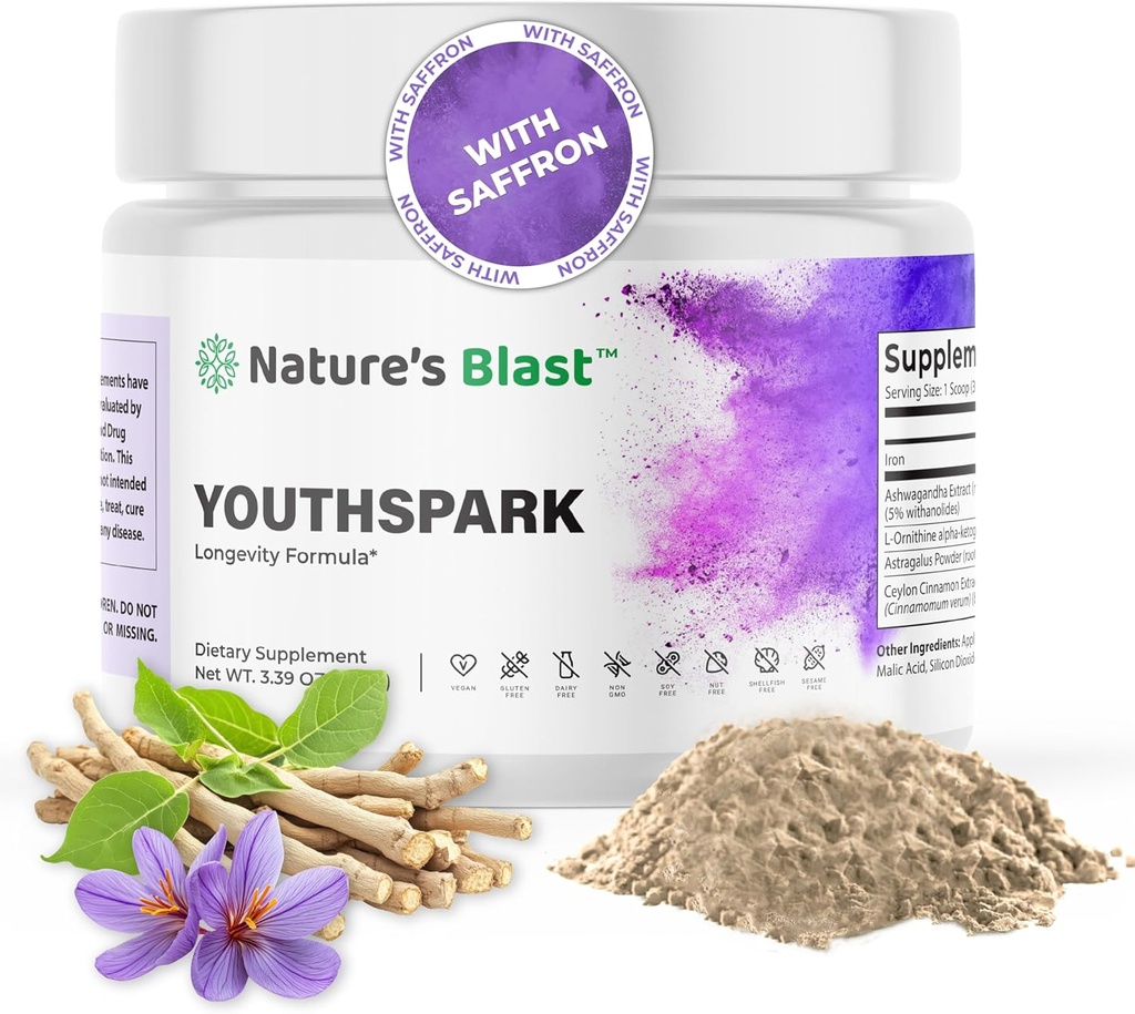 Supplément YouthSpark Longevity avec extrait de racine d'Ashwagandha (600mg), Astragalus & Cinnamon - Poudre d'arôme de fruits, 30 portions, végétalien, non-OGM