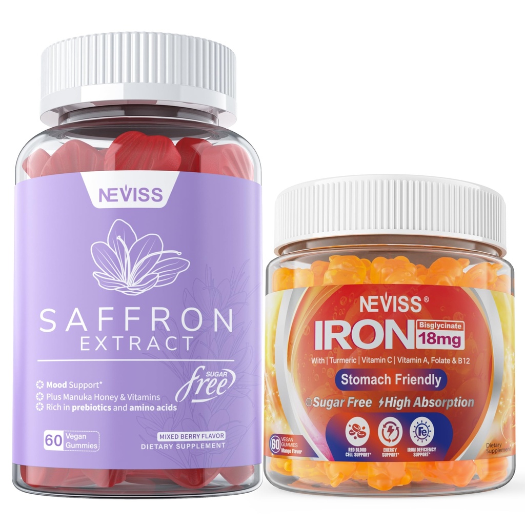 1Pack Supplément de safran Gommies 100% pur Extrait de safran Gommies entiers d'herbe + Supplément de 2P Gommies de fer végétalien avec vitamine C, B12, Folate et curcuma