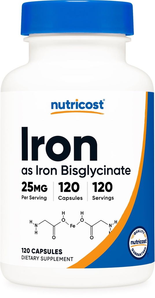Supplément de Bisglycinate de Fer de Nutricost (25mg) 120 Capsules - de Chélalate de Bisglycin Ferreux - Non-OGM et sans gluten