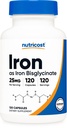 Supplément de Bisglycinate de Fer de Nutricost (25mg) 120 Capsules - de Chélalate de Bisglycin Ferreux - Non-OGM et sans gluten