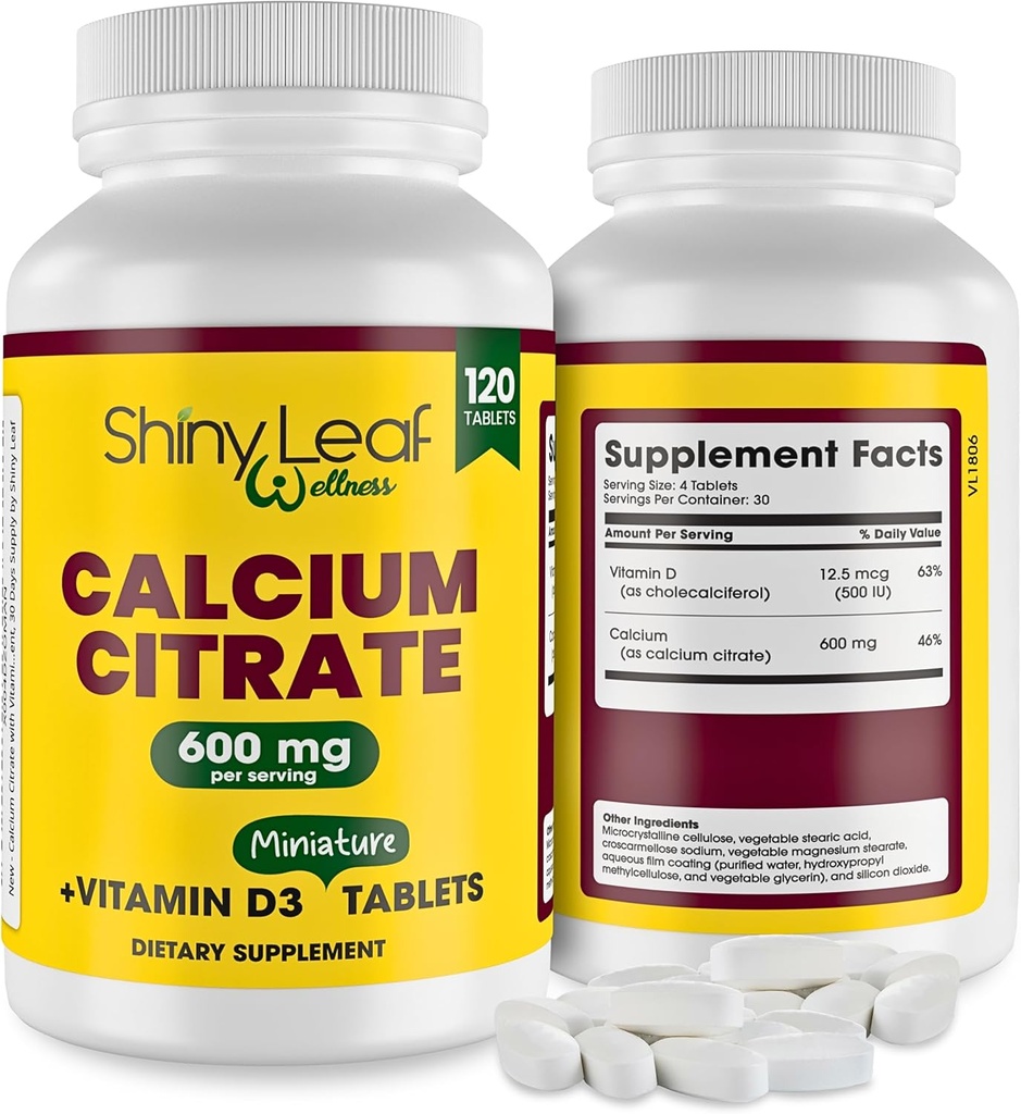 Feuille brillante Calcium Minis 600 mg - Comprimés quotidiens de Citrate de Calcium 600mg Plus Vitamine D3 pour les femmes et les hommes, facile à avaler, fabriqué aux États-Unis, végétarien - 120 Ct.