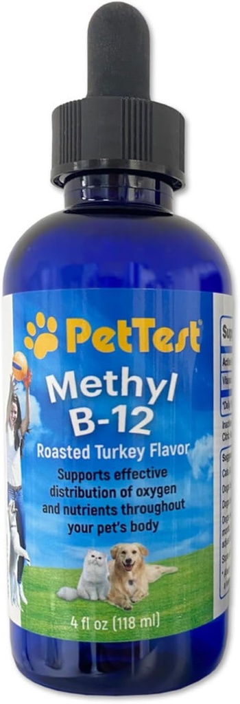 PetTest Méthyl B12 Vitamine Liquid Drops 4fl oz (5000 MCG) Supplément avec la méthylcobalamine pour les animaux diabétiques, Absorption maximale pour augmenter l'énergie pour les chiens et les chats