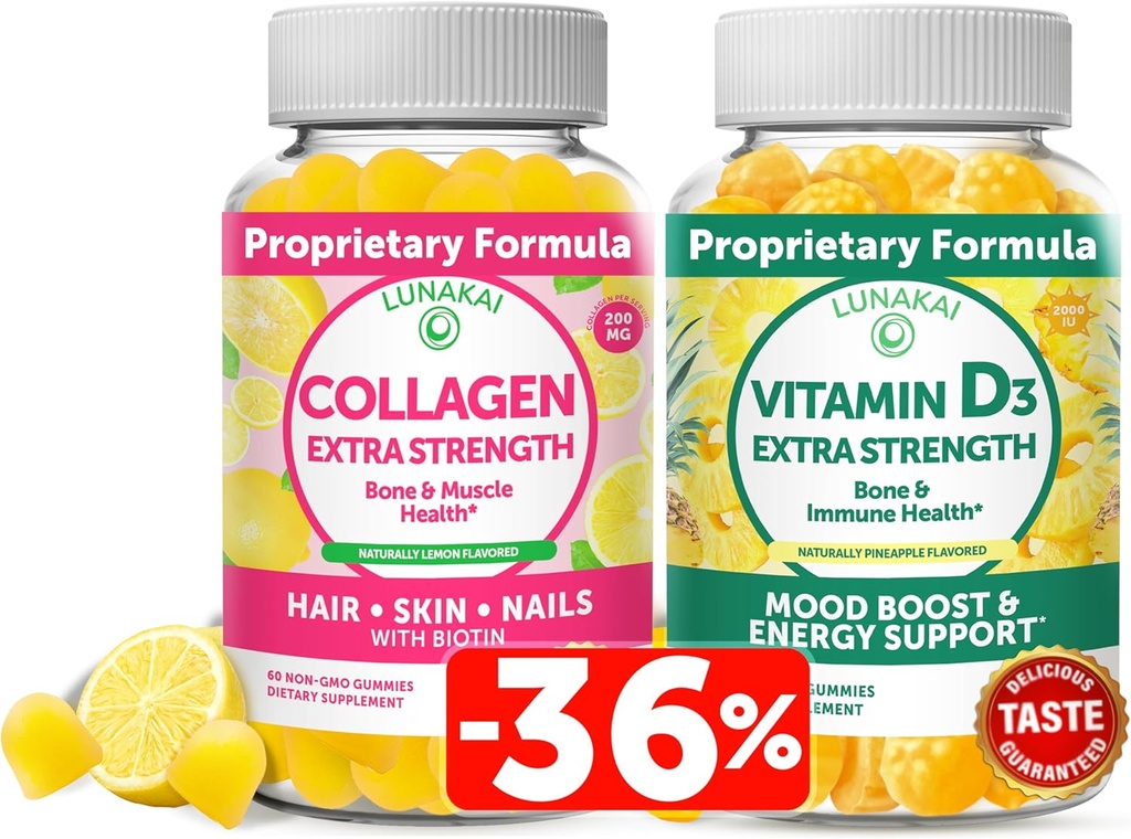 Lunakai Collagen and Vitamine D3 Gummies Bundle - Suppléments anti-vieillissement non-OGM pour les hommes et les femmes - Immunity, Bone and Mood Support Gummy pour les adultes - 30 jours d'approvisionnement