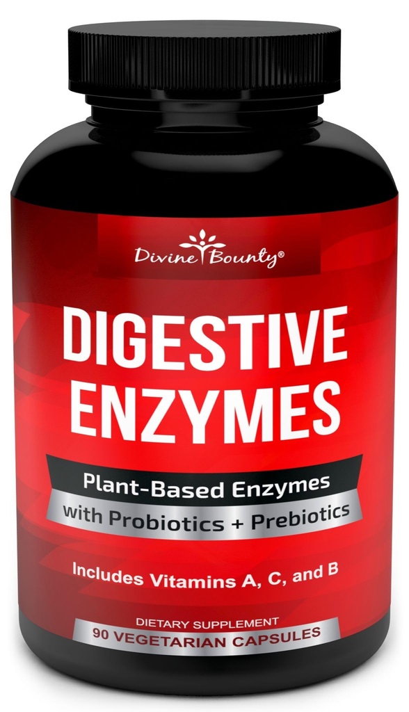 Enzymes Digestionnelles Divines Bounty avec Probiotiques et Prébiotiques avec Lipase, Amylase, Bromelain - Soutenir un Trac Digestionnel Santé pour les Hommes et les Femmes – 90 Capsules Végétariennes