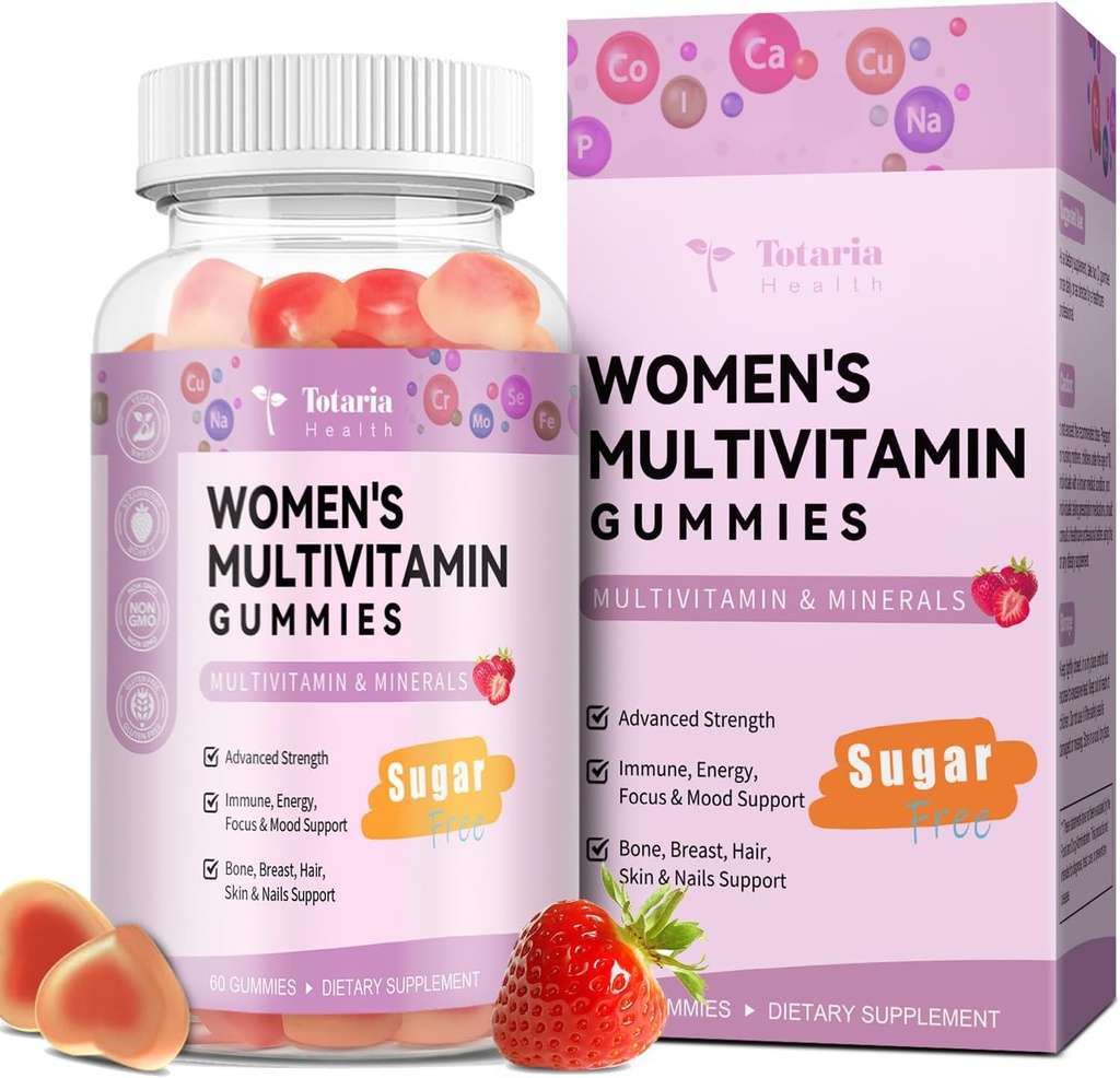 Gommies multivitamines sans sucre de Totaria pour femmes 14+ avec/Iron, Inositol, Folate, Biotine, Gommy multivitamines quotidiennes pour femmes avec/Vitamine A, C, B, D3, K2, pour les cheveux, la peau, l'énergie, Immune, parfum de fraise
