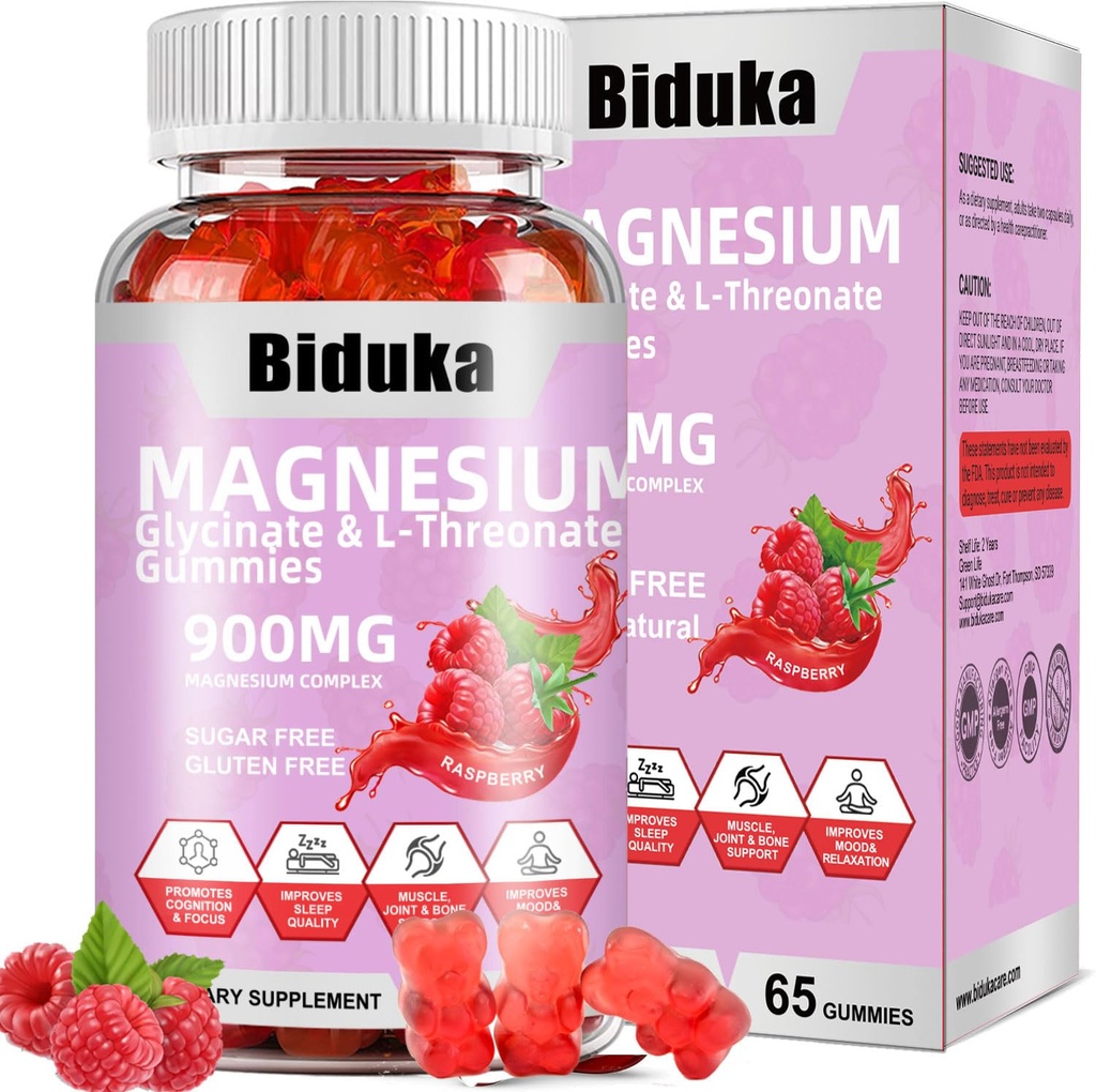 900mg Magnésium complexe 65 Gommies de framboise, sans sucre Magnésium Glycinate et supplément potassique L-Thréonate avec vitamine D, B6, CoQ10 pour la relaxation