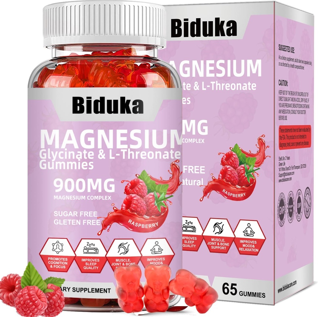 900mg Magnésium complexe 65 Gommies de framboise, sans sucre Magnésium Glycinate et supplément potassique L-Thréonate avec vitamine D, B6, CoQ10 pour la relaxation