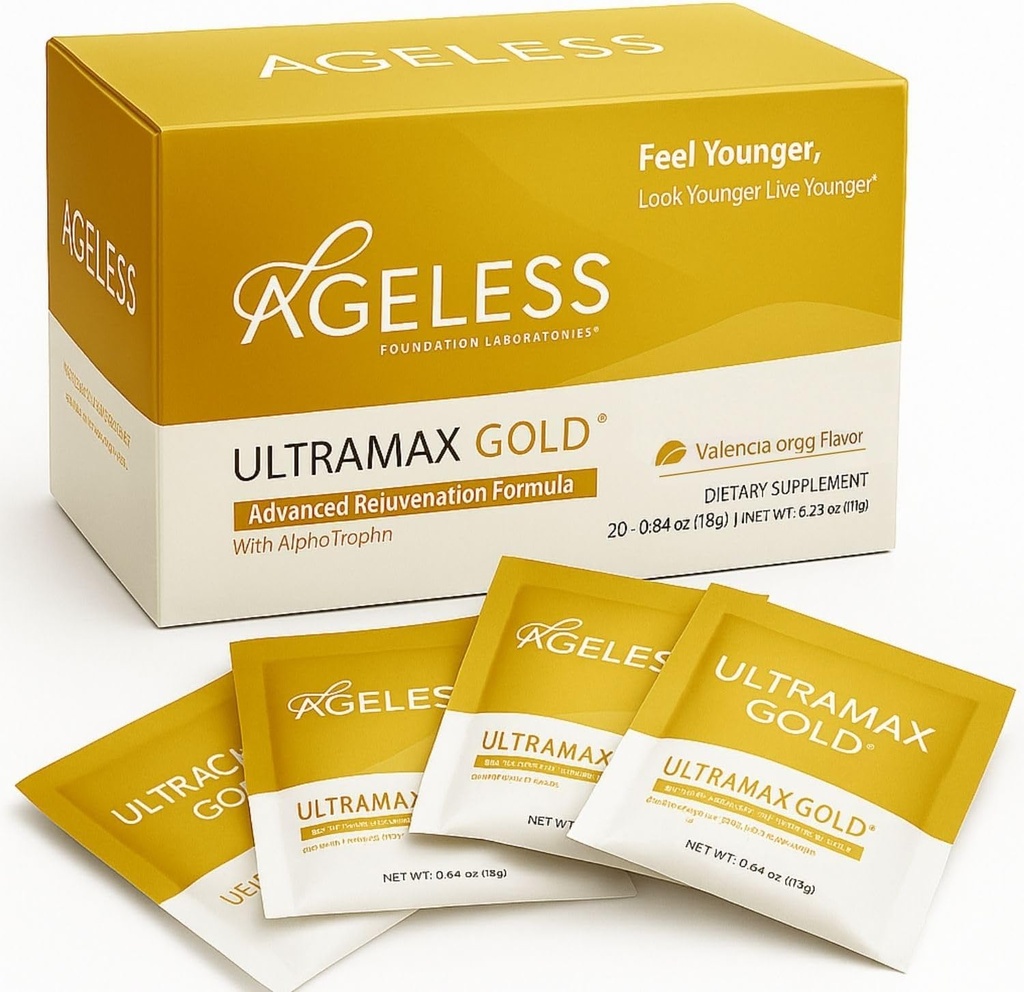 L'or UltraMAX sans âge - supplément anti-âge HGH pour les femmes et les hommes - rajeunit la peau, restaure l'apparence jeune, stimule l'énergie et le sommeil, la poudre effervescente - Valencia Orange Flavor - 22 packets