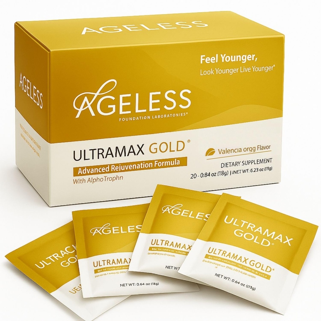 L'or UltraMAX sans âge - supplément anti-âge HGH pour les femmes et les hommes - rajeunit la peau, restaure l'apparence jeune, stimule l'énergie et le sommeil, la poudre effervescente - Valencia Orange Flavor - 22 packets