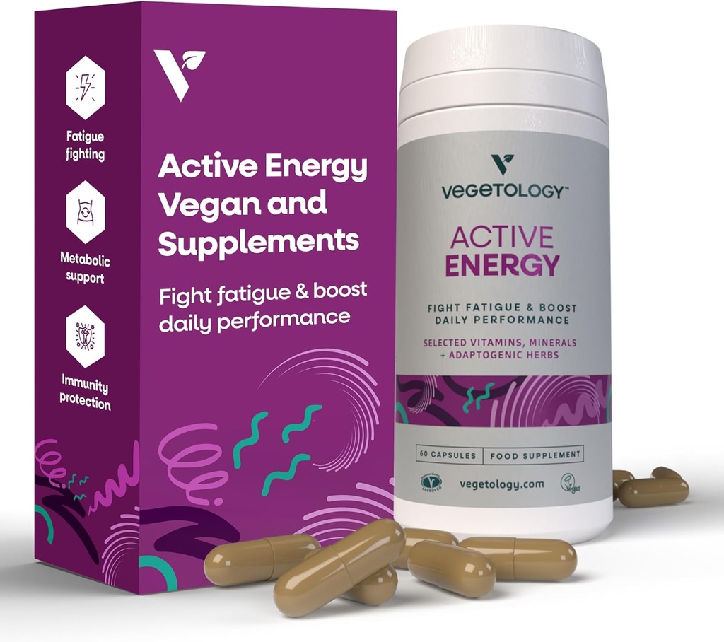 Suppléments d'énergie actifs – Suppléments de vitamine C et B contre la fatigue – Supplément de vitamine avec/Flate, Fer et herbes Adaptogènes – Capsules multivitamines sans caféine (60 comtes)