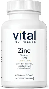 Nutriments vitaux Citrate de zinc 30mg de supplément de soutien facile Absorbé Immune * , supplément de zinc végétalien , Gluten, laiterie, sans soja , non-OGM 30mg de 180 capsules